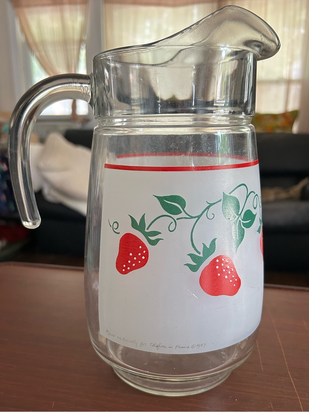 Vintage 1983, 2 qt frosted glass drink pitcher with strawberries, made in France
